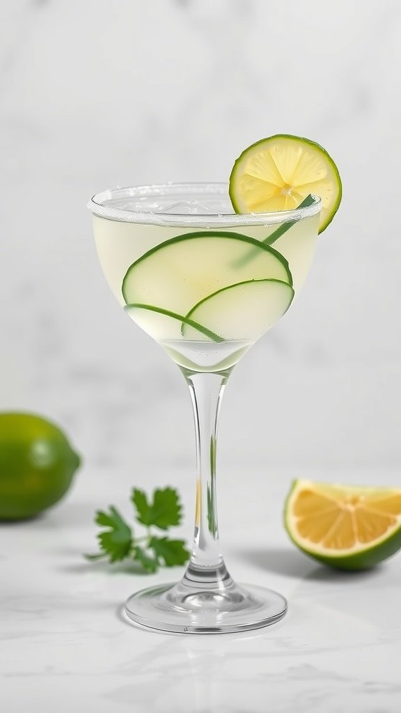 A refreshing Cucumber Lime Margarita in a glass, garnished with cucumber slices and a lime wheel, with fresh limes and cucumbers in the background.