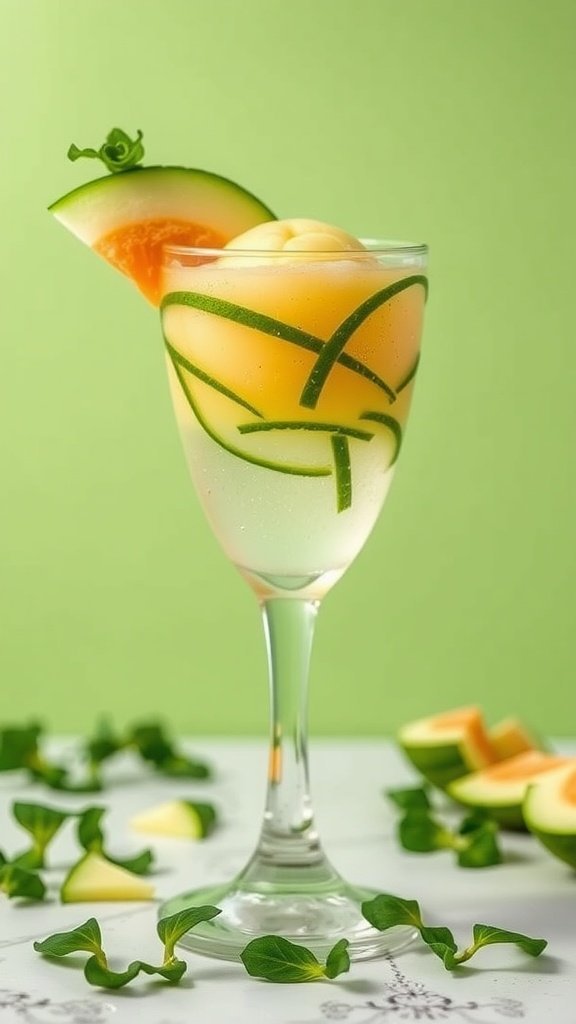 A refreshing Cucumber Melon Collins cocktail with slices of melon and cucumber, set against a bright green background.