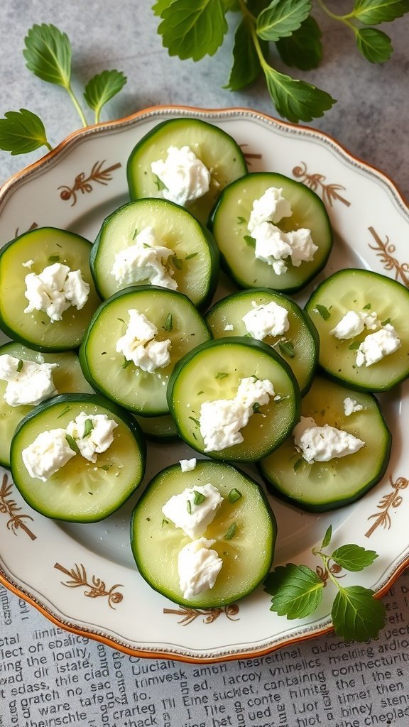 Cucumber rounds topped with feta cheese on a plate with herbs around