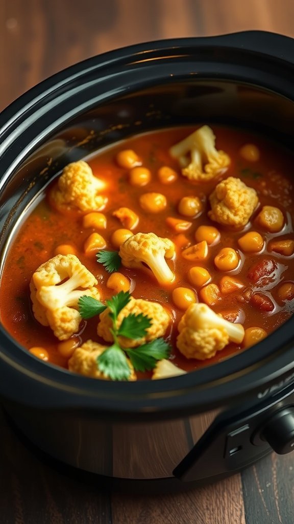 A close-up of a crock pot filled with curried cauliflower and chickpeas, garnished with fresh cilantro.