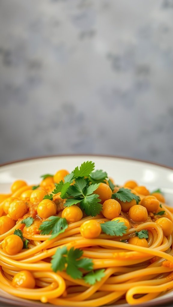 A plate of curried spaghetti topped with chickpeas and fresh cilantro.