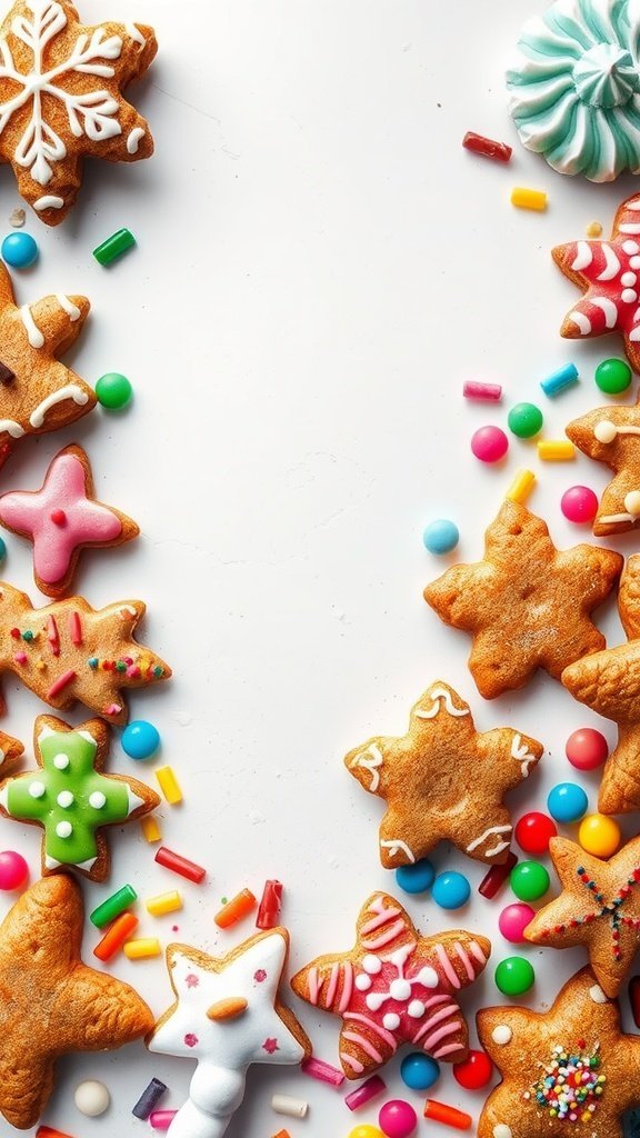 Colorful gingerbread cookies decorated in various shapes with sprinkles and icing on a light background.