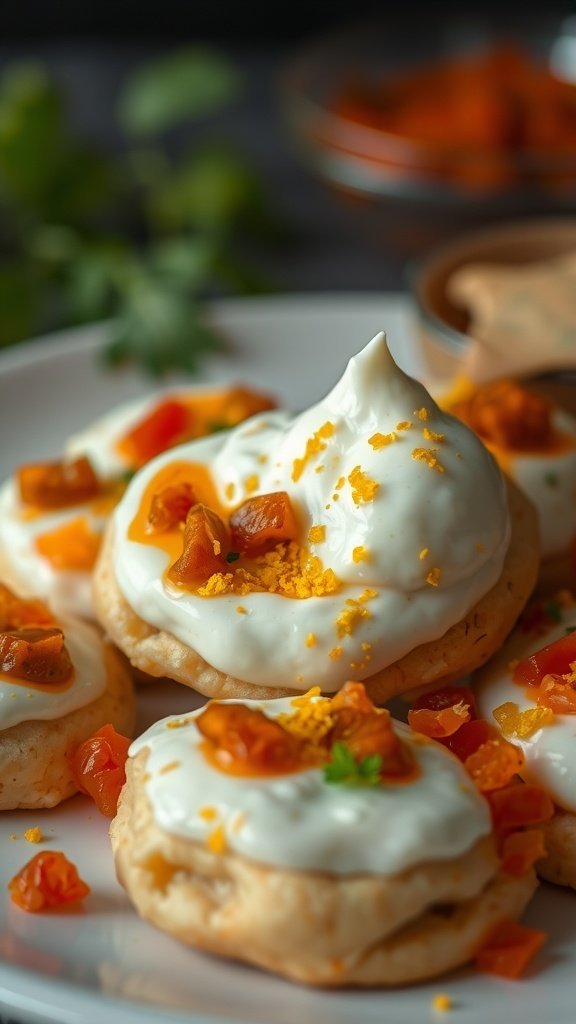 A close-up of Dahi Puri topped with yogurt and colorful garnishes on a plate.