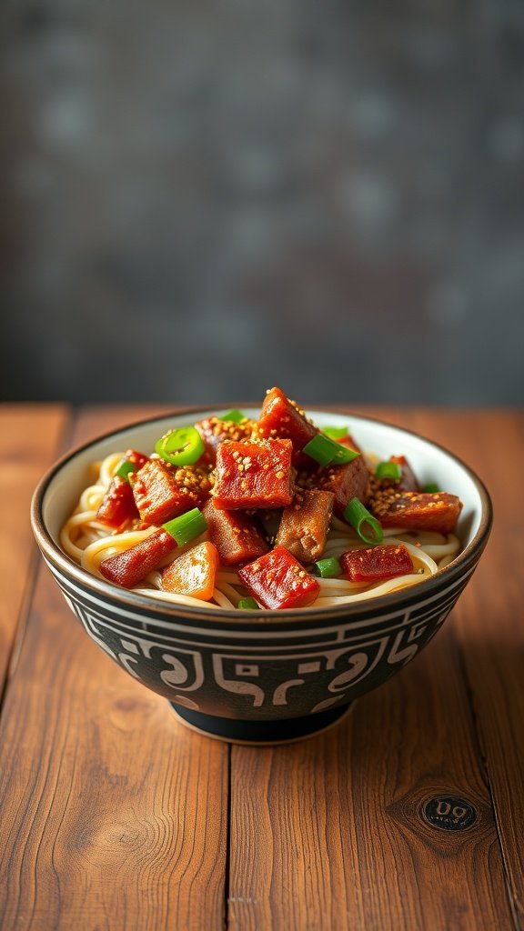 A bowl of Dan Dan Noodles topped with ground pork and green onions, served on a wooden table.