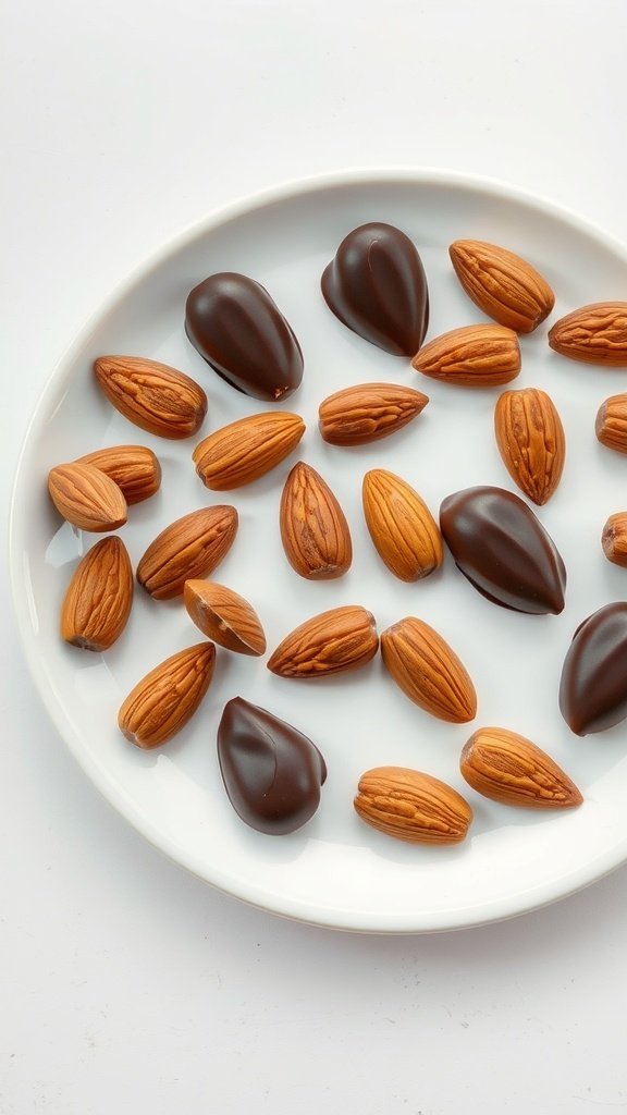 Dark chocolate dipped almonds on a white plate