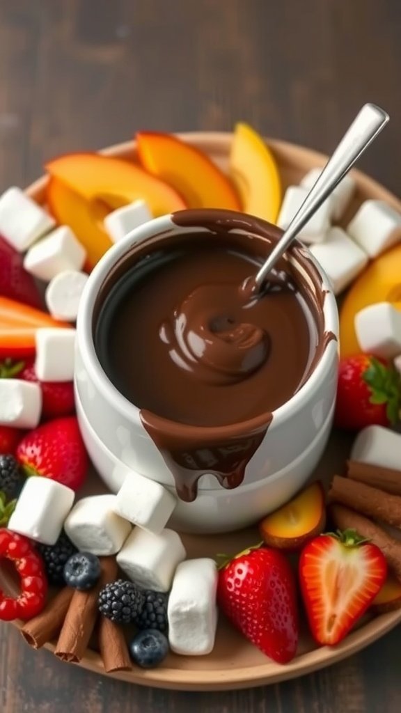 A bowl of dark chocolate fondue surrounded by fresh fruits, marshmallows, and cinnamon sticks.