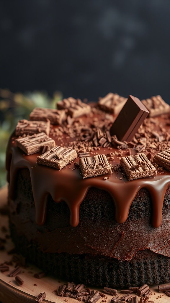 A beautifully decorated chocolate birthday cake with ganache, chocolate shavings, and chocolate bars on top.