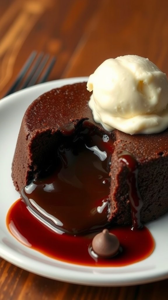 A plate of chocolate lava cake with melted chocolate spilling out, topped with a scoop of vanilla ice cream.