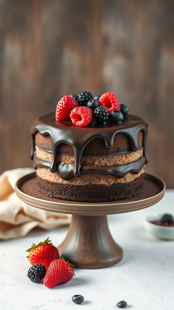 A rich chocolate layer cake adorned with fresh strawberries and blackberries on top, with chocolate ganache dripping down the sides.