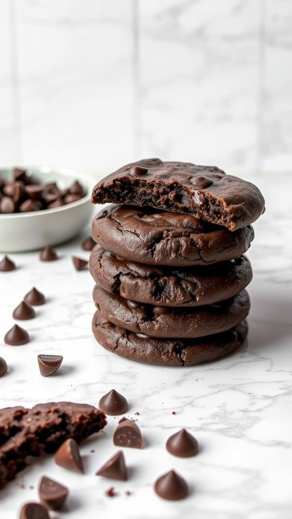 A stack of dark chocolate no bake cookies with some chocolate chips scattered around.