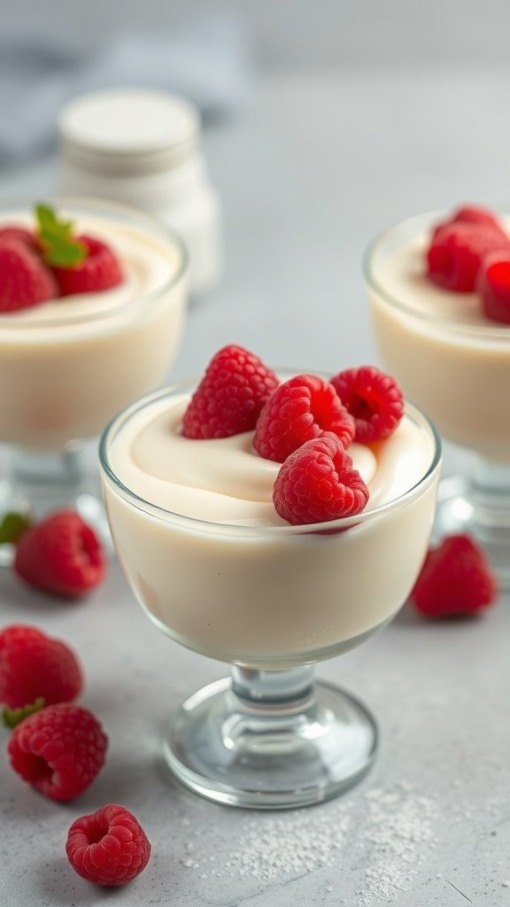 Three glasses of white chocolate mousse topped with fresh raspberries on a grey countertop.