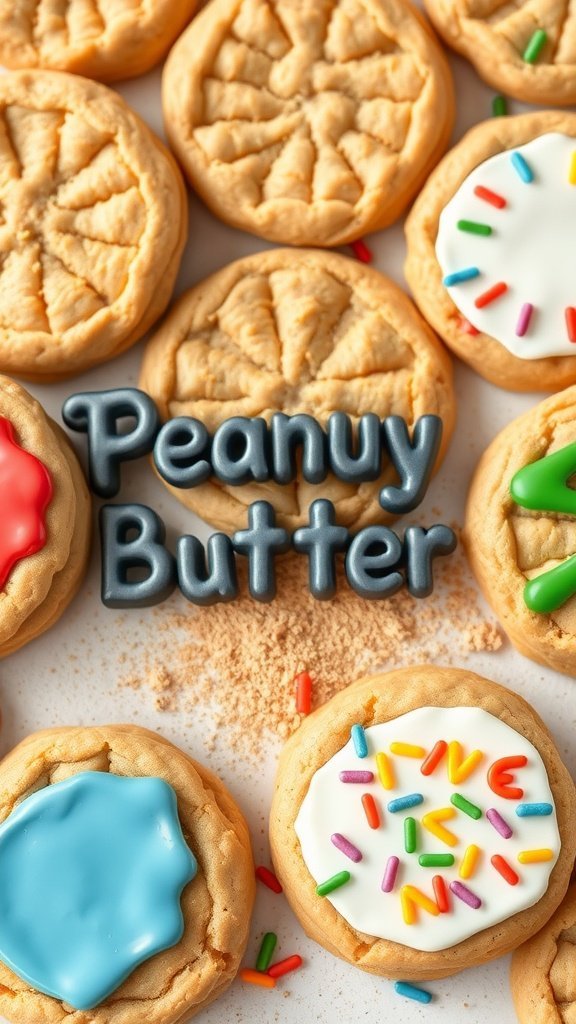 Decorated peanut butter cookies with colorful icing and sprinkles