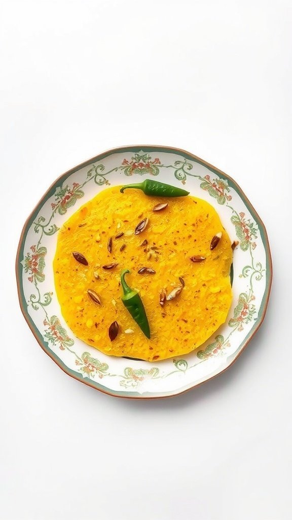 A plate of Dhokla topped with seeds and a green chili