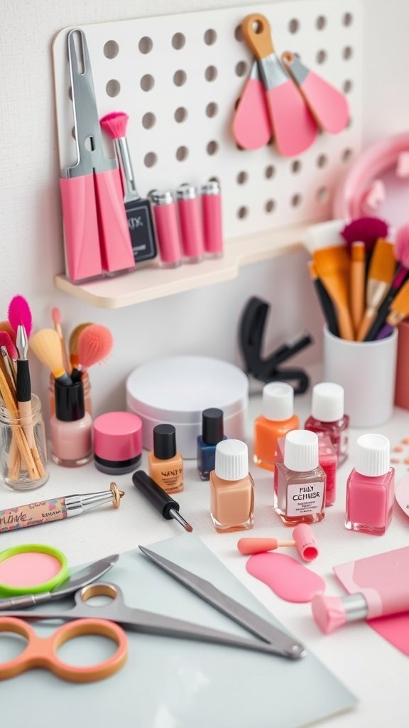 A workspace filled with nail polish bottles and tools, focused on pink nail design.