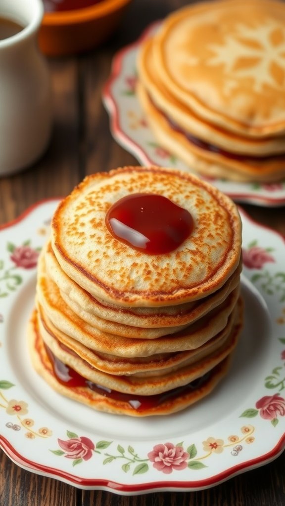 A stack of dorayaki pancakes with sweet red bean paste, topped with a glossy red sauce, served on a decorative plate.