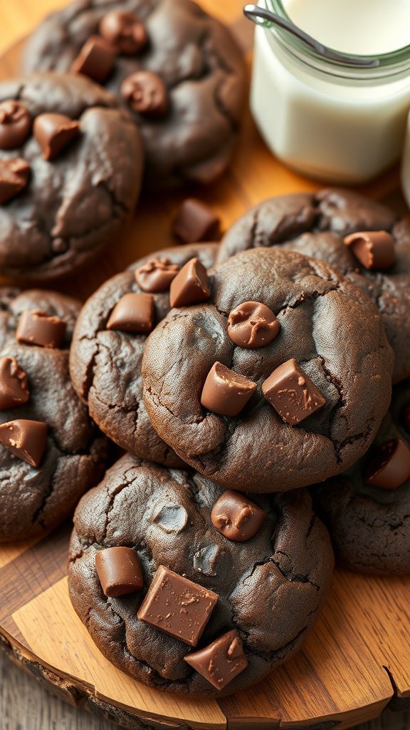 A plate of freshly baked double chocolate cookies with chocolate chunks on top, beside a glass of milk.