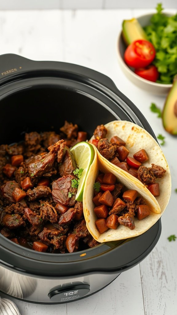 Crock pot filled with beef barbacoa for tacos, garnished with lime and cilantro, alongside fresh ingredients.