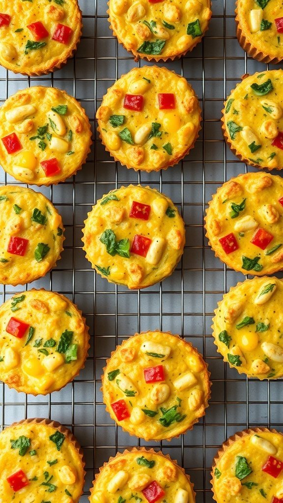 Egg and vegetable breakfast muffins on a cooling rack.