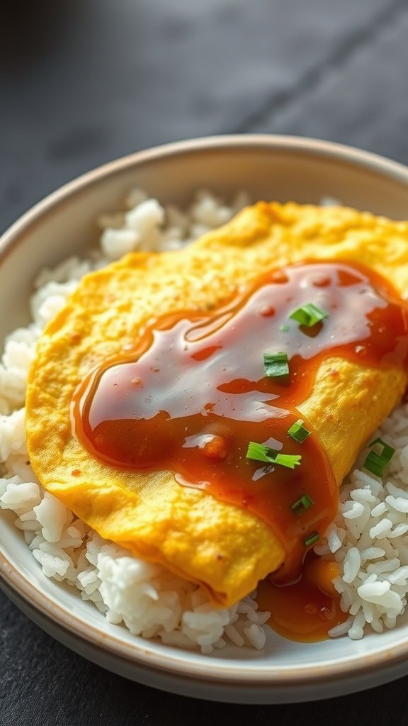 A plate of Egg Foo Young on rice, topped with a savory gravy and garnished with green onions.
