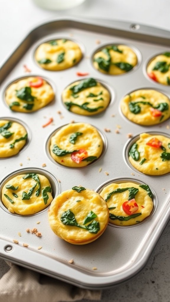 A tray of egg muffins with spinach and cheese, ready to eat.
