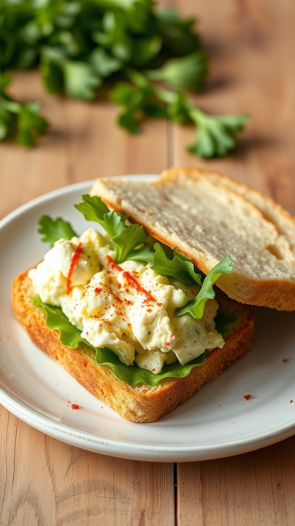 A delicious egg salad sandwich with lettuce and paprika on toasted bread, garnished with fresh greens.