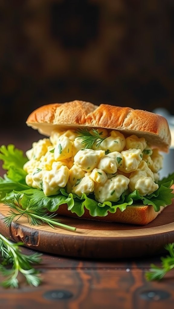 Egg salad sandwich with dill on a wooden plate, surrounded by greenery.