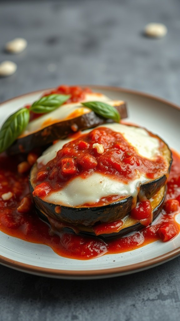 A serving of Eggplant Parmesan topped with marinara sauce and fresh basil