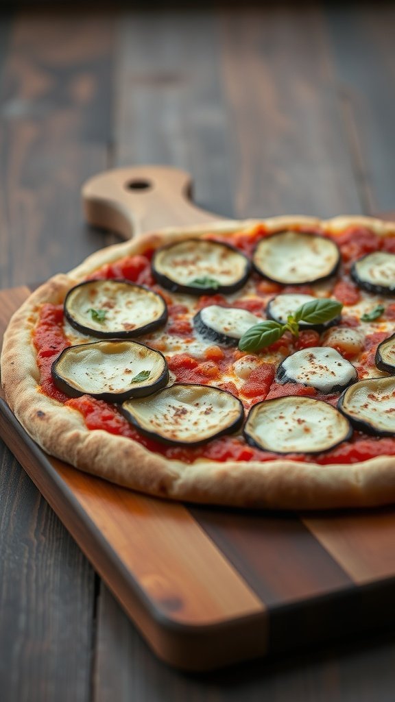 Eggplant Parmesan Pizza with basil on a wooden pizza paddle