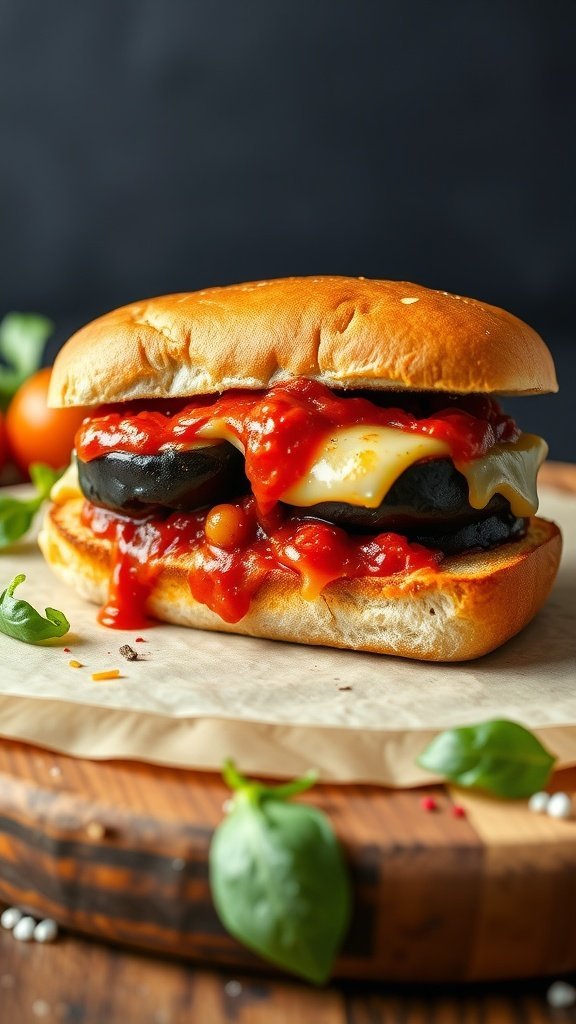 A close-up view of an Eggplant Parmesan Sandwich with marinara sauce and melted cheese on a soft bun.
