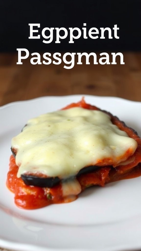 A mouthwatering slice of Eggplant Parmesan with marinara sauce and melted cheese on a white plate.