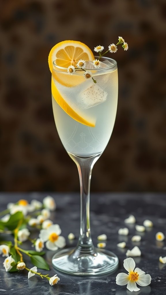 A refreshing Elderflower Collins cocktail garnished with a lemon slice and small white flowers