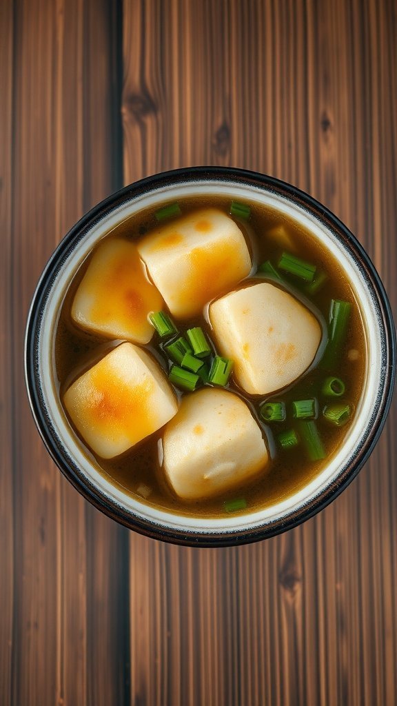 A bowl of Korean fish cakes (eomuk) in broth with green onions