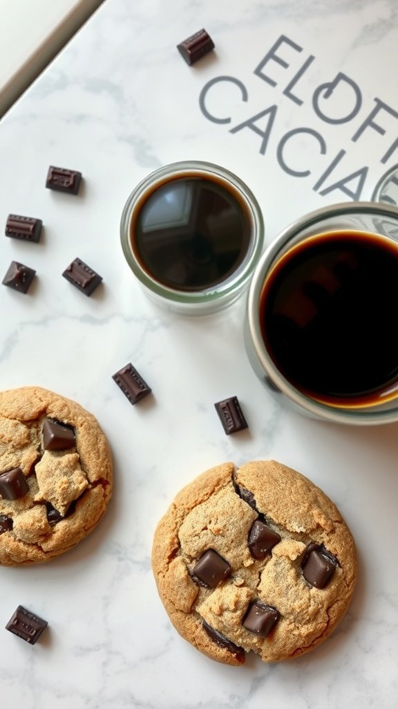 Espresso cookies with dark chocolate and cups of coffee on a marble surface