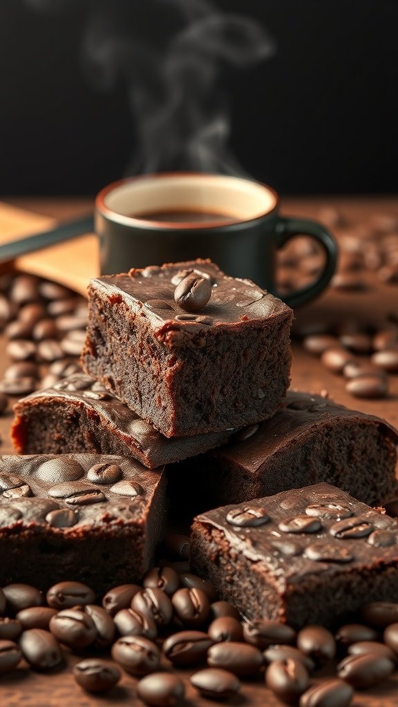 Espresso infused brownies with a cup of coffee and coffee beans
