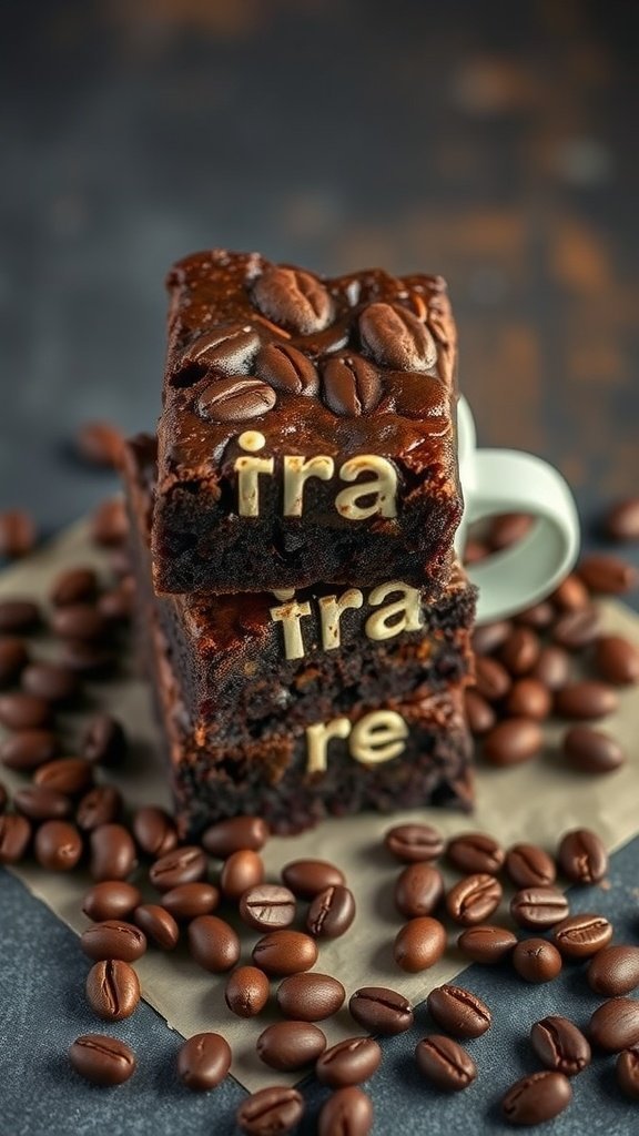 Fudgy espresso infused brownies with coffee beans and white chocolate letters on top.