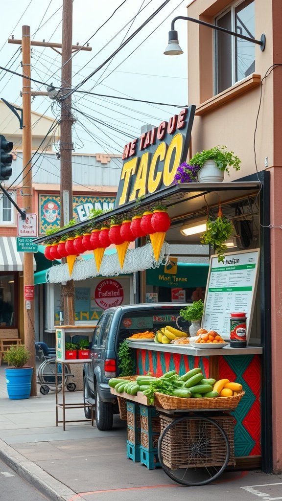 A colorful taco stand with fresh ingredients displayed outside.