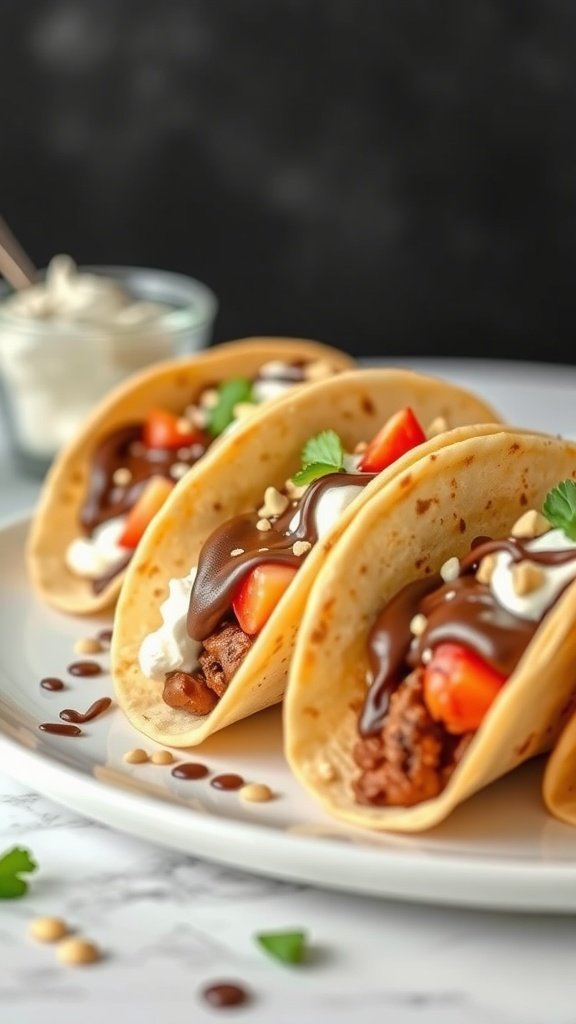 Three dessert tacos filled with chocolate, cream, and fruit toppings on a plate, with a small bowl of cream in the background.