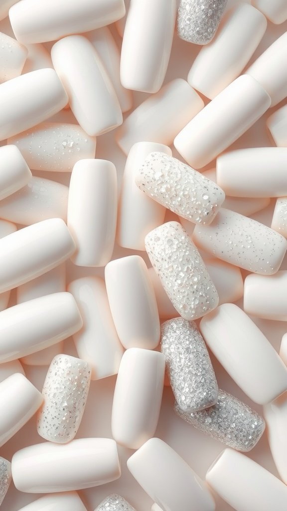 A collection of white nails with various textures, including smooth and glittery designs.