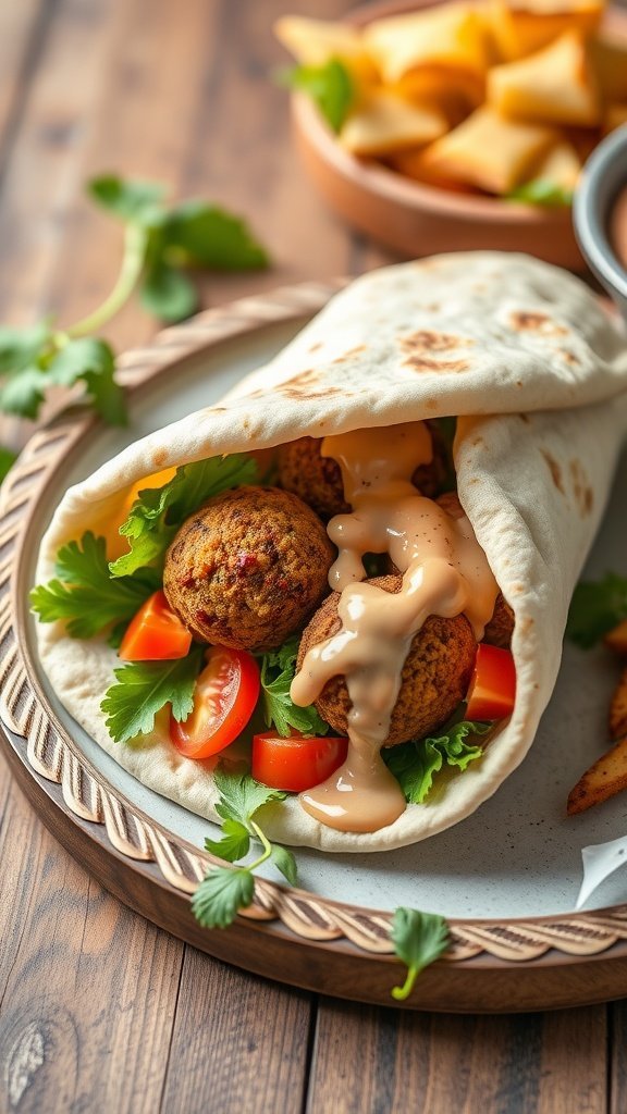 A delicious falafel pita with tahini sauce, featuring crispy falafel, fresh greens, and tomatoes, served on a wooden plate.