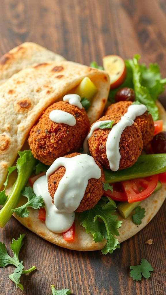 A falafel pita filled with fresh vegetables and drizzled with tzatziki sauce.