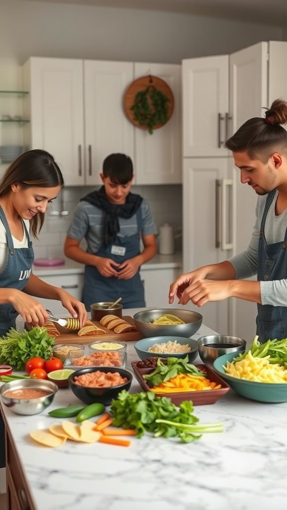 A family cooking tacos together, with ingredients laid out on a countertop.