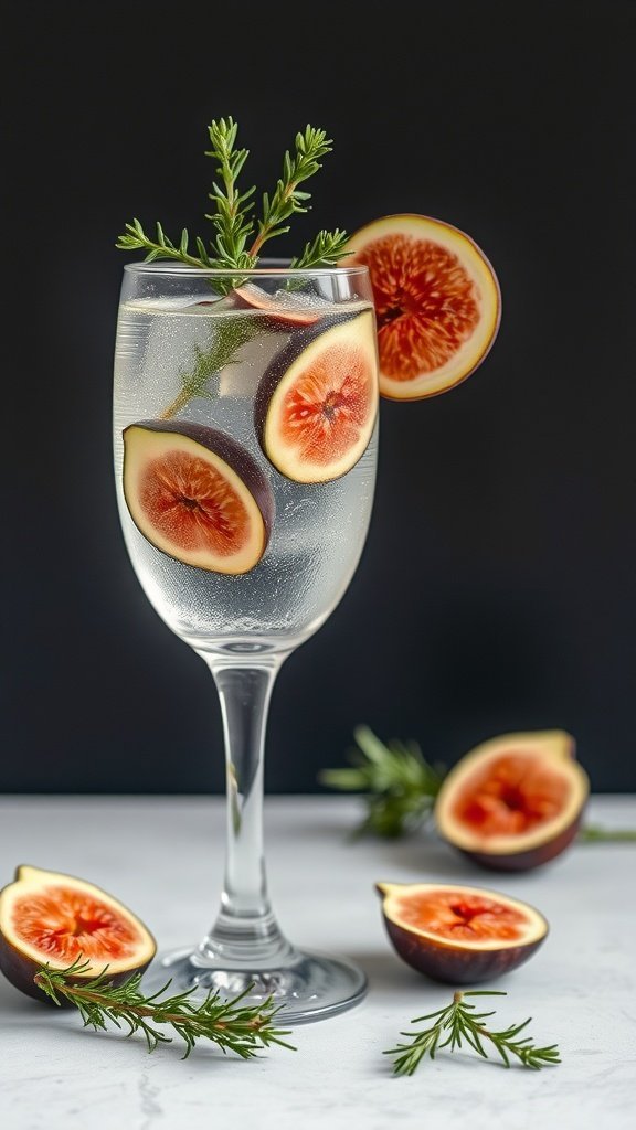 A refreshing Fig and Thyme Spritzer in a glass with sliced figs and thyme sprigs.