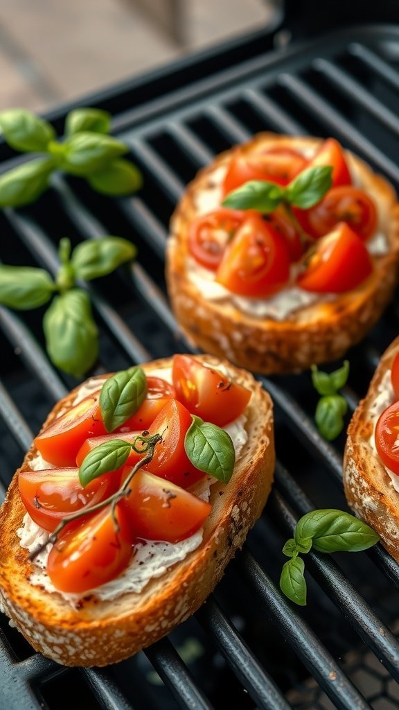 Grilled bruschetta with tomatoes and basil on a grill