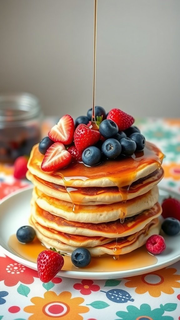 Stack of fluffy buttermilk pancakes topped with fresh strawberries, blueberries, raspberries, and syrup