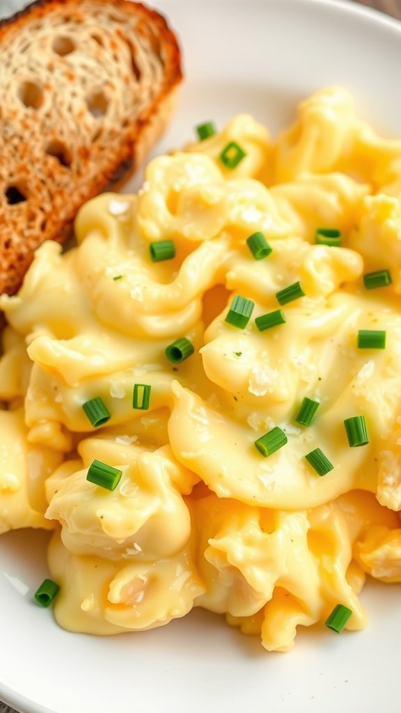 Fluffy scrambled eggs with chives and a slice of toasted bread.