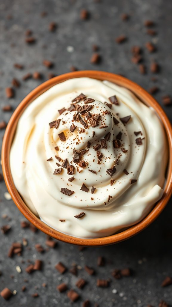 A bowl of white chocolate pudding topped with chocolate shavings on a dark background.