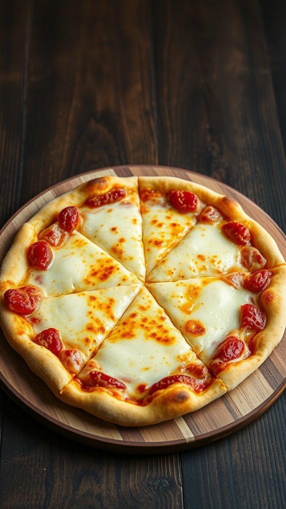 Delicious four cheese pizza on a wooden board, sliced and ready to serve.