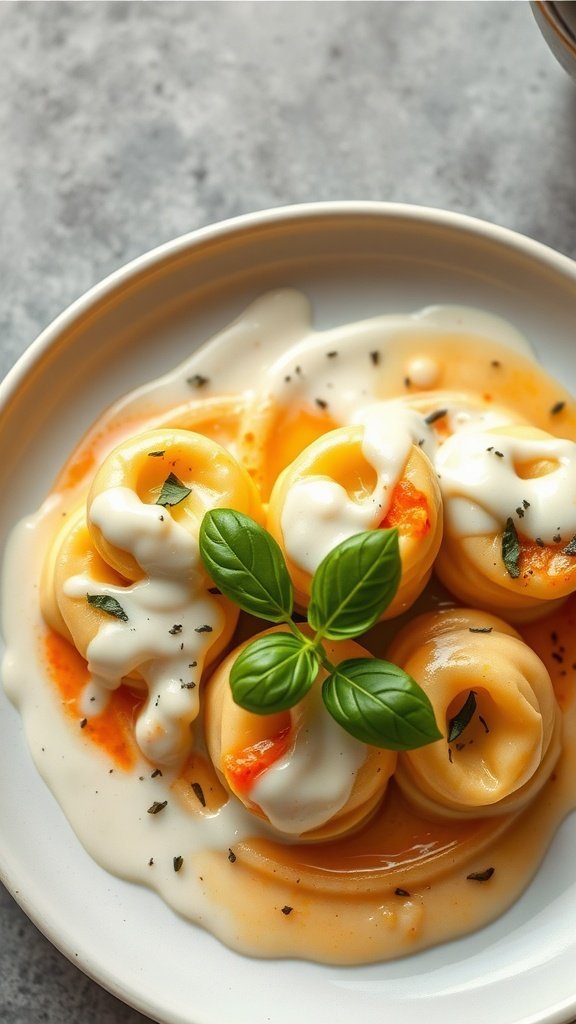 A plate of four cheese tortellini topped with cream sauce and fresh basil leaves.
