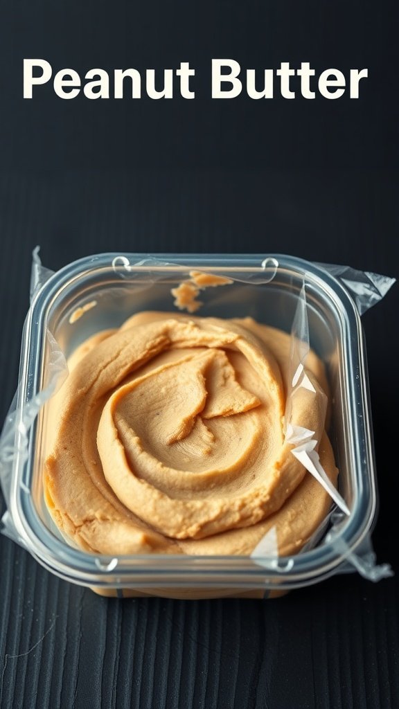 Container of creamy peanut butter, essential for making peanut butter cookies.