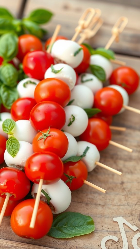 A close-up of fresh Caprese skewers with cherry tomatoes, mozzarella balls, and basil leaves on a wooden surface.
